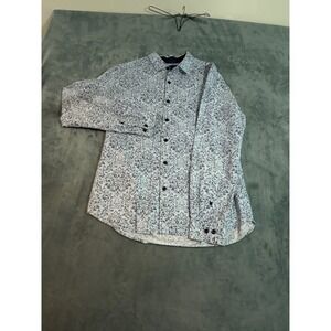 Signature Studio Mens Blue White Damask Floral Pinstripe Button Down Shirt M